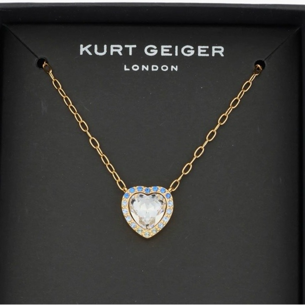New Kurt Geiger Gold Heart Pendant Necklace with Clear and Blue Stones NEW boxed